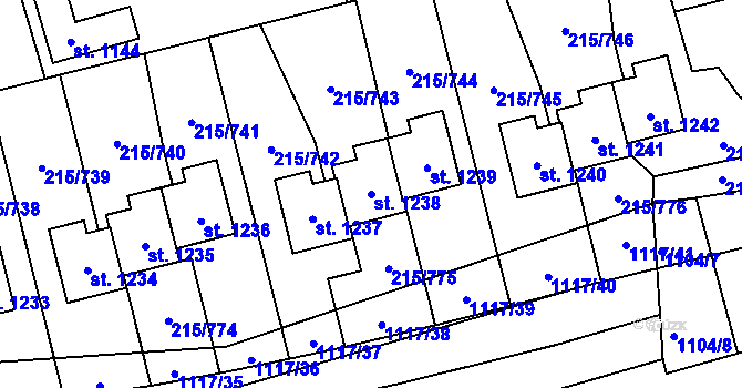 Parcela st. 1238 v KÚ Hořelice, Katastrální mapa