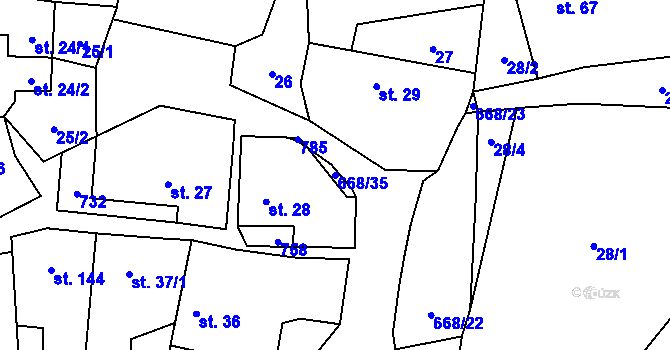 Parcela st. 668/35 v KÚ Rudolec, Katastrální mapa