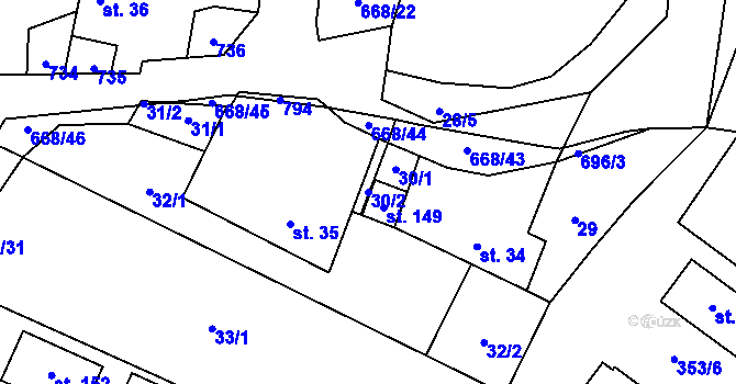 Parcela st. 30/2 v KÚ Rudolec, Katastrální mapa