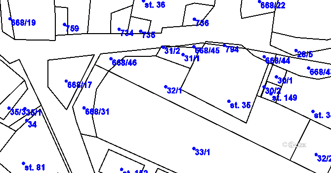 Parcela st. 32/1 v KÚ Rudolec, Katastrální mapa
