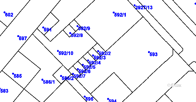 Parcela st. 592/2 v KÚ Rumburk, Katastrální mapa