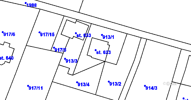 Parcela st. 623 v KÚ Dolní Křečany, Katastrální mapa