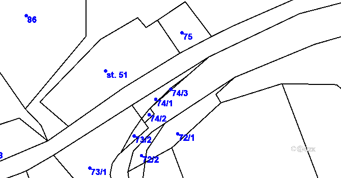 Parcela st. 74/3 v KÚ Dolní Křečany, Katastrální mapa