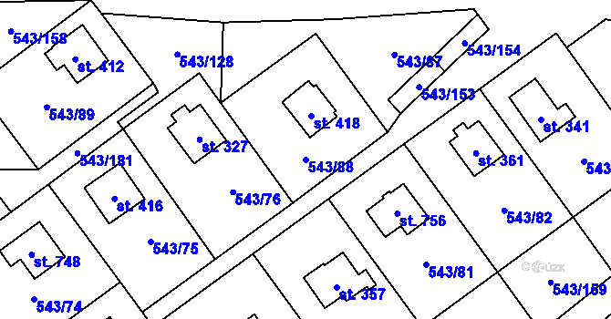 Parcela st. 543/88 v KÚ Ruprechtov, Katastrální mapa