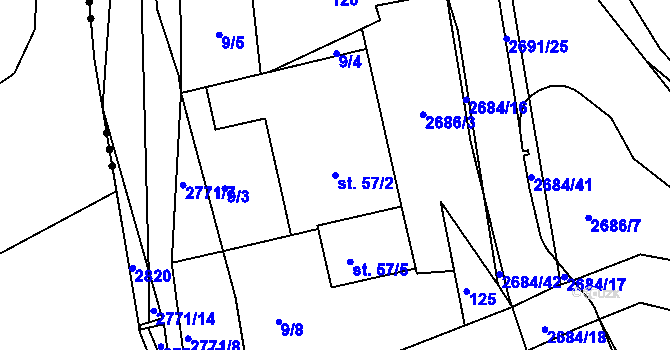 Parcela st. 57/2 v KÚ Rusava, Katastrální mapa