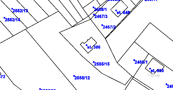 Parcela st. 386 v KÚ Rusava, Katastrální mapa