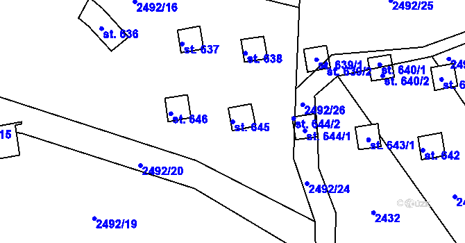 Parcela st. 645 v KÚ Rusava, Katastrální mapa