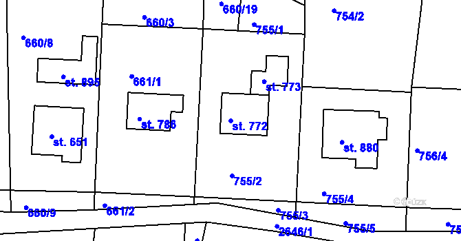 Parcela st. 772 v KÚ Rusava, Katastrální mapa