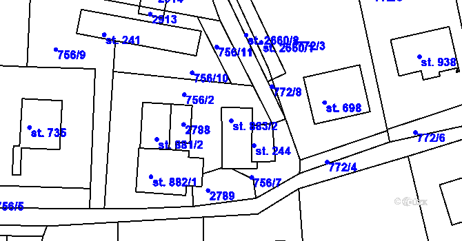 Parcela st. 883/2 v KÚ Rusava, Katastrální mapa