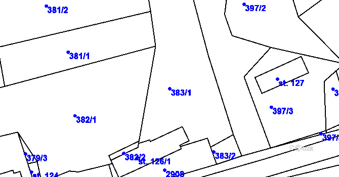 Parcela st. 383/1 v KÚ Rusava, Katastrální mapa