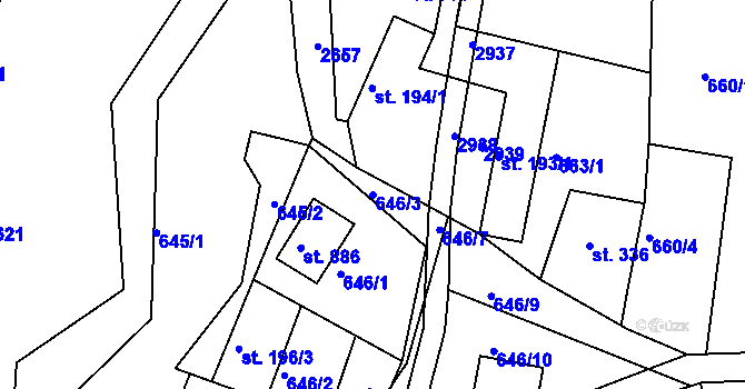 Parcela st. 646/3 v KÚ Rusava, Katastrální mapa