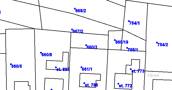 Parcela st. 660/3 v KÚ Rusava, Katastrální mapa