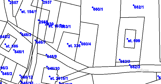 Parcela st. 660/4 v KÚ Rusava, Katastrální mapa