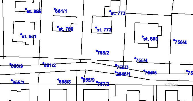 Parcela st. 755/2 v KÚ Rusava, Katastrální mapa