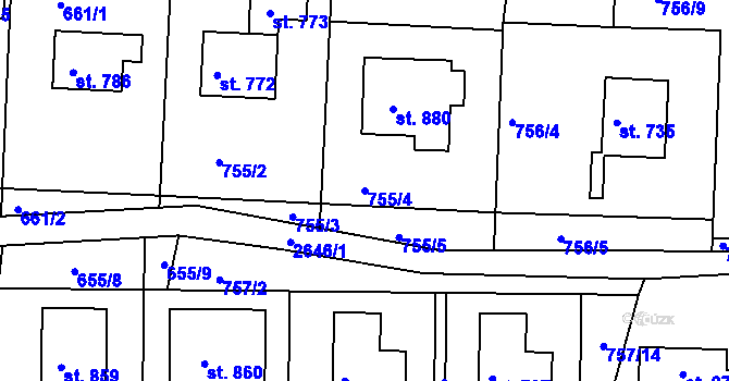 Parcela st. 755/4 v KÚ Rusava, Katastrální mapa