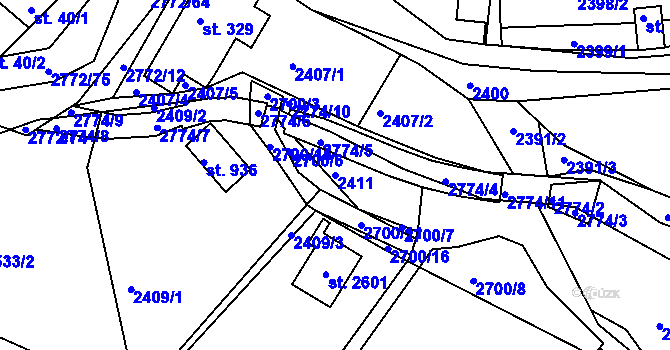 Parcela st. 2411 v KÚ Rusava, Katastrální mapa