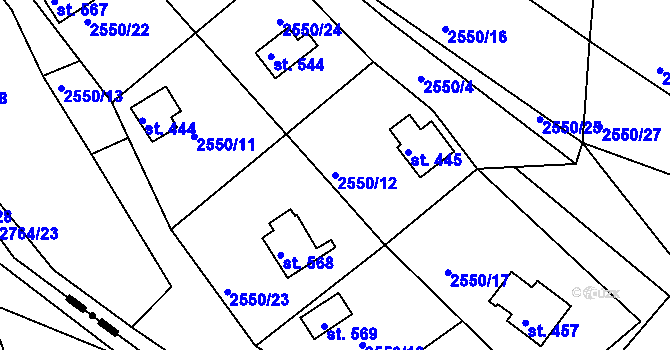Parcela st. 2550/12 v KÚ Rusava, Katastrální mapa