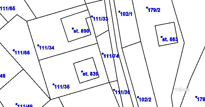 Parcela st. 111/74 v KÚ Rusava, Katastrální mapa