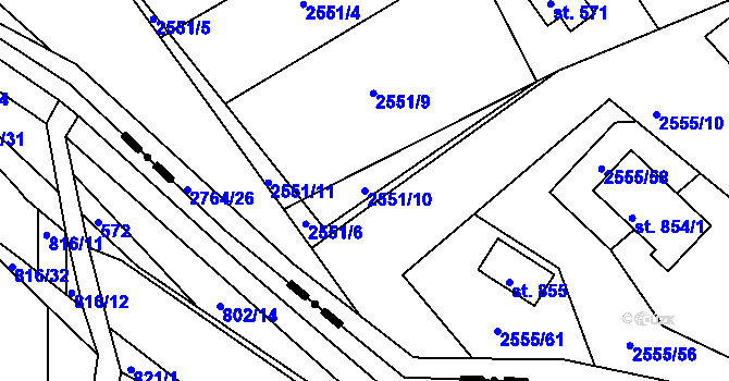 Parcela st. 2551/10 v KÚ Rusava, Katastrální mapa