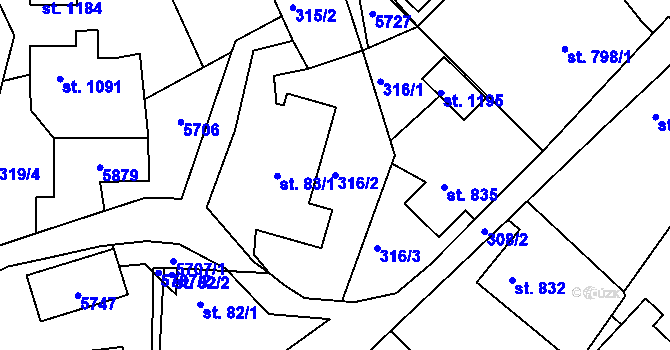 Parcela st. 316/2 v KÚ Růžďka, Katastrální mapa