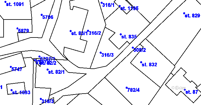 Parcela st. 316/3 v KÚ Růžďka, Katastrální mapa