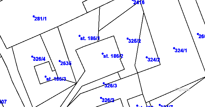Parcela st. 186/2 v KÚ Růžová, Katastrální mapa
