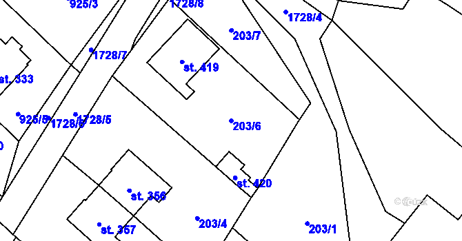 Parcela st. 203/6 v KÚ Rybí, Katastrální mapa