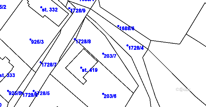 Parcela st. 203/7 v KÚ Rybí, Katastrální mapa