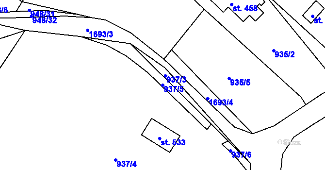 Parcela st. 937/5 v KÚ Rybí, Katastrální mapa