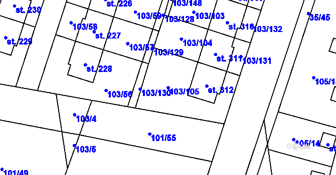 Parcela st. 103/105 v KÚ Černá u Bohdanče, Katastrální mapa