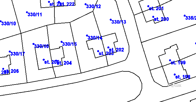 Parcela st. 203 v KÚ Rybitví, Katastrální mapa