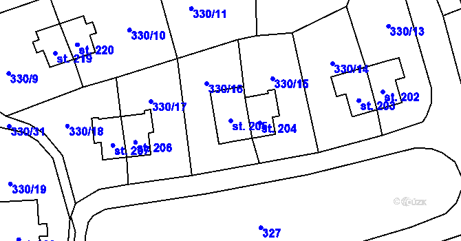Parcela st. 205 v KÚ Rybitví, Katastrální mapa