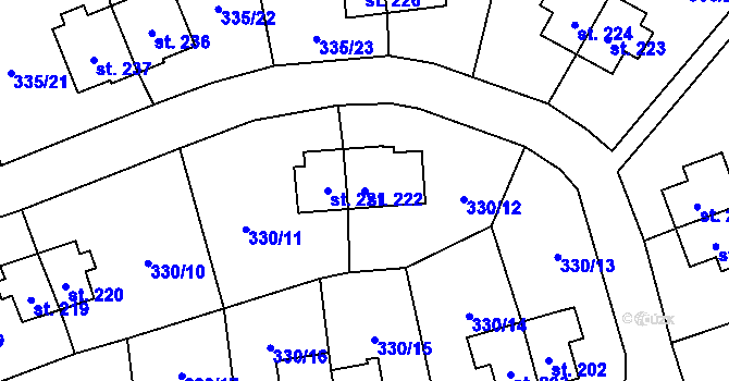 Parcela st. 222 v KÚ Rybitví, Katastrální mapa