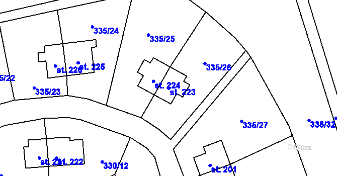 Parcela st. 223 v KÚ Rybitví, Katastrální mapa