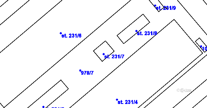 Parcela st. 231/7 v KÚ Rybitví, Katastrální mapa