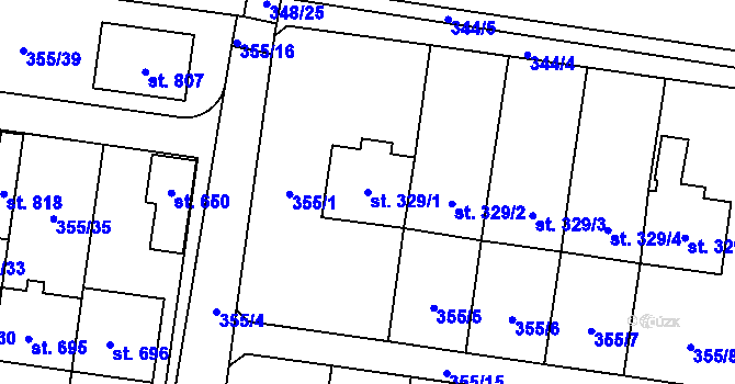 Parcela st. 329/1 v KÚ Rybitví, Katastrální mapa