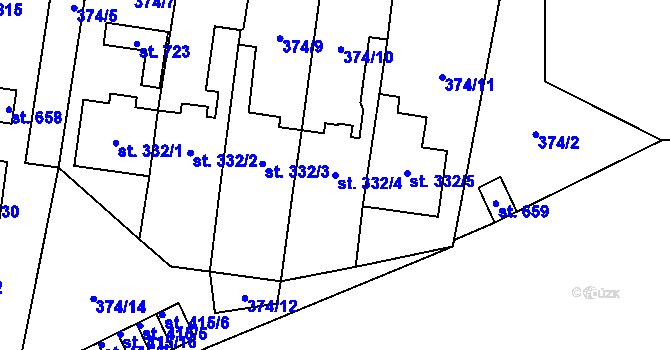 Parcela st. 332/4 v KÚ Rybitví, Katastrální mapa
