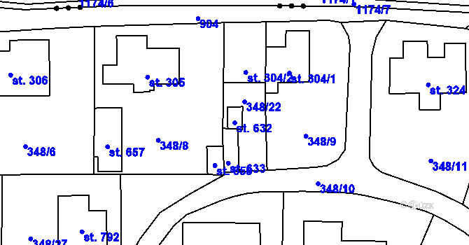 Parcela st. 632 v KÚ Rybitví, Katastrální mapa