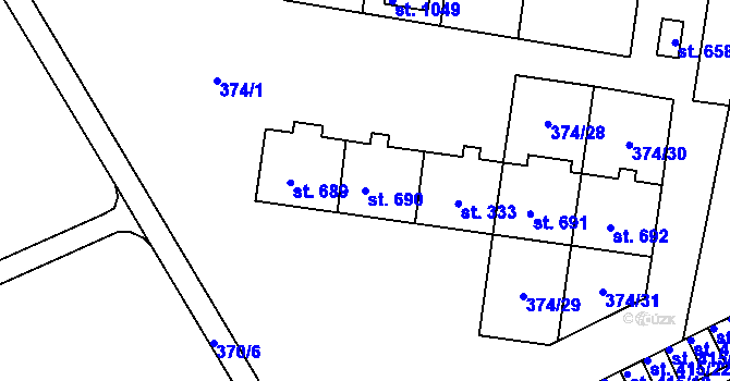 Parcela st. 690 v KÚ Rybitví, Katastrální mapa