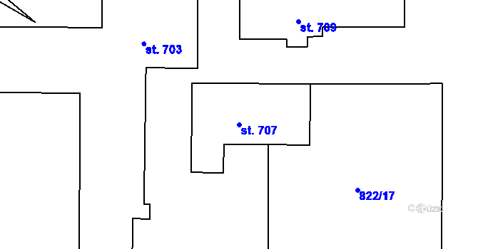 Parcela st. 707 v KÚ Rybitví, Katastrální mapa