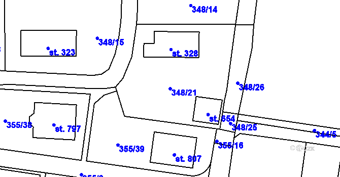 Parcela st. 348/21 v KÚ Rybitví, Katastrální mapa