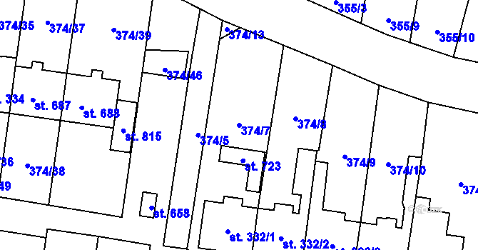 Parcela st. 374/7 v KÚ Rybitví, Katastrální mapa