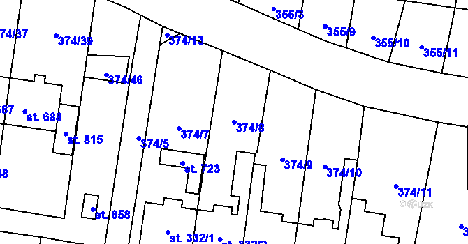 Parcela st. 374/8 v KÚ Rybitví, Katastrální mapa