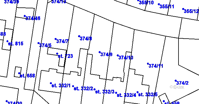 Parcela st. 374/9 v KÚ Rybitví, Katastrální mapa