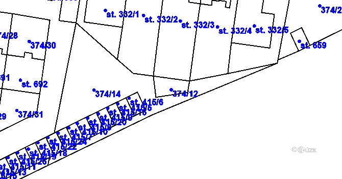 Parcela st. 374/12 v KÚ Rybitví, Katastrální mapa