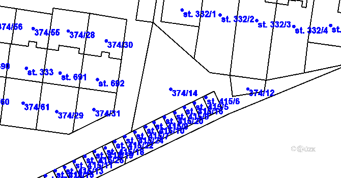 Parcela st. 374/14 v KÚ Rybitví, Katastrální mapa