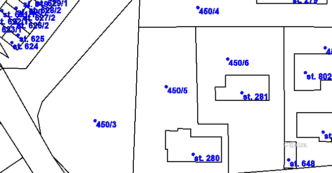 Parcela st. 450/5 v KÚ Rybitví, Katastrální mapa