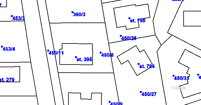 Parcela st. 450/8 v KÚ Rybitví, Katastrální mapa