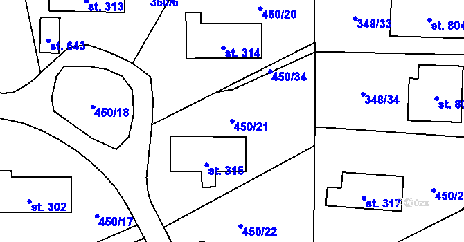 Parcela st. 450/21 v KÚ Rybitví, Katastrální mapa