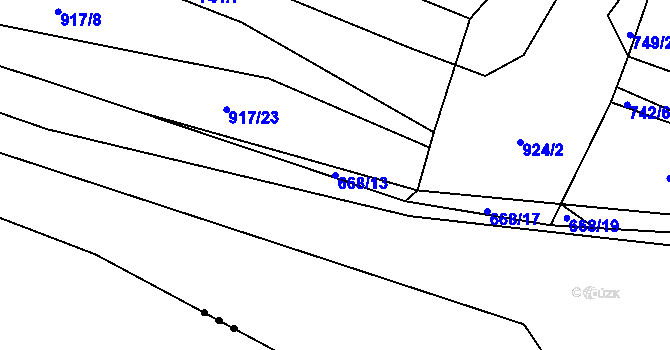 Parcela st. 668/13 v KÚ Rybitví, Katastrální mapa